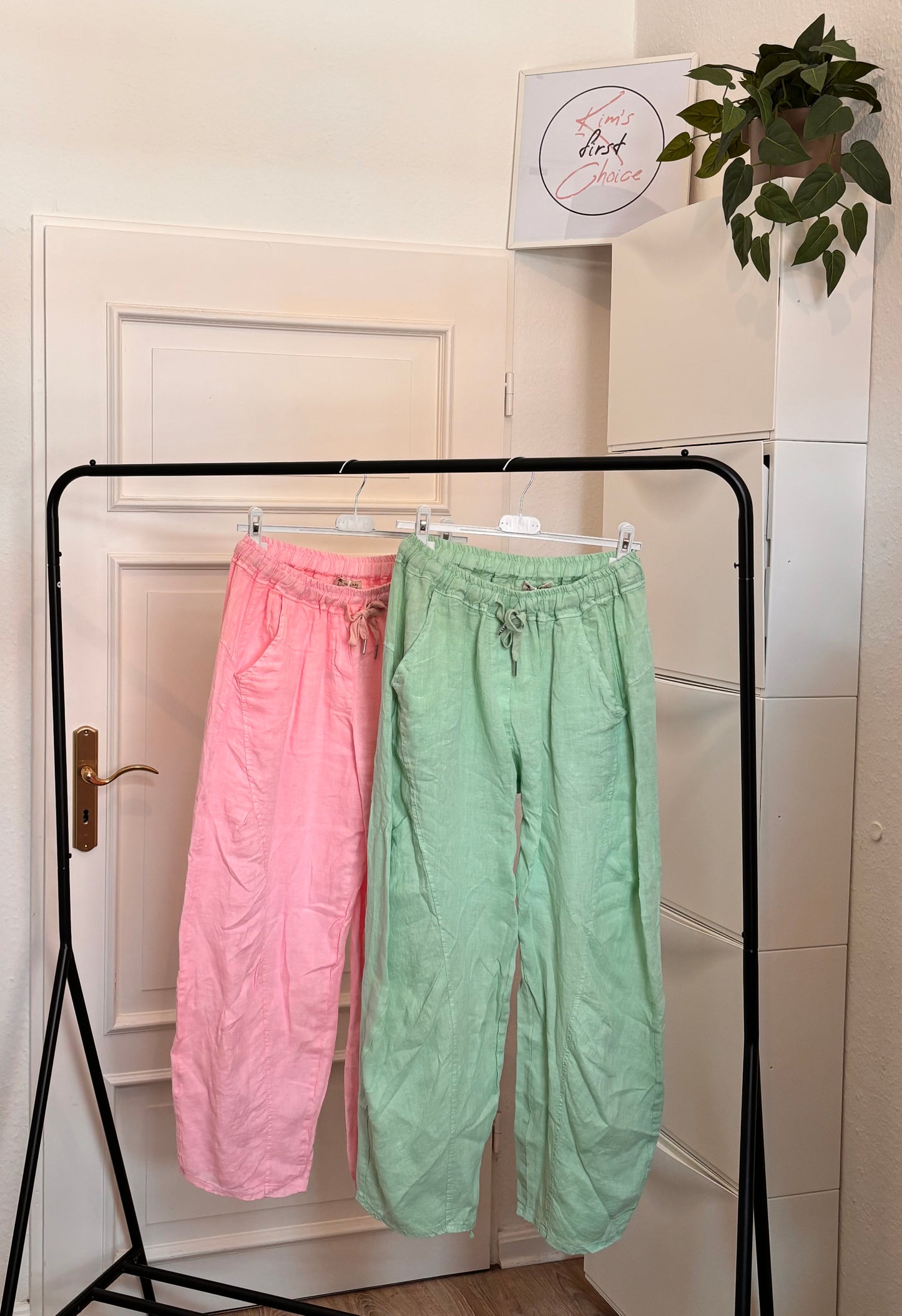 Leinen-Hose mit Kordelzug in Rosa und Mint